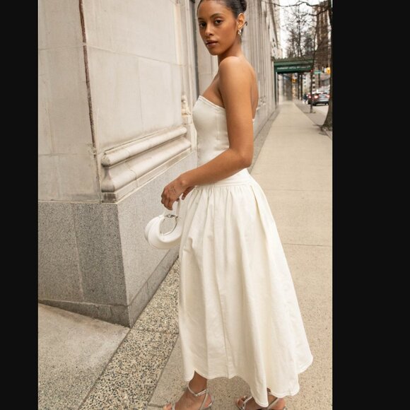 NWT OAK + FORT DROP WAIST STRAPLESS TWILL DRESS in Cream XS $108 - Picture 2 of 9